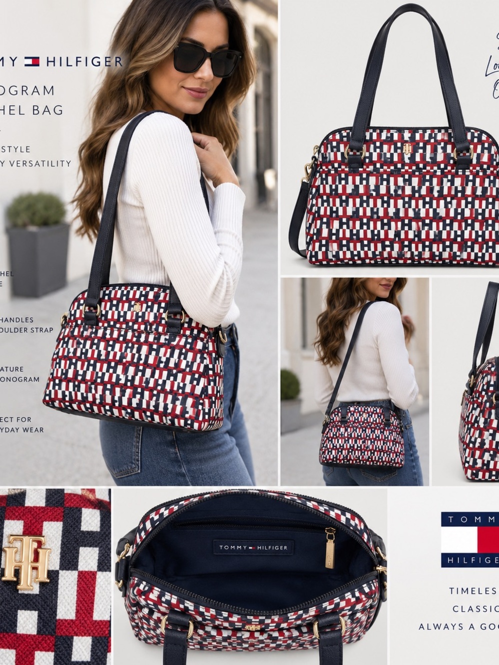 Tommy Hilfiger Navy, Red & White Monogram Satchel Shoulder Bag